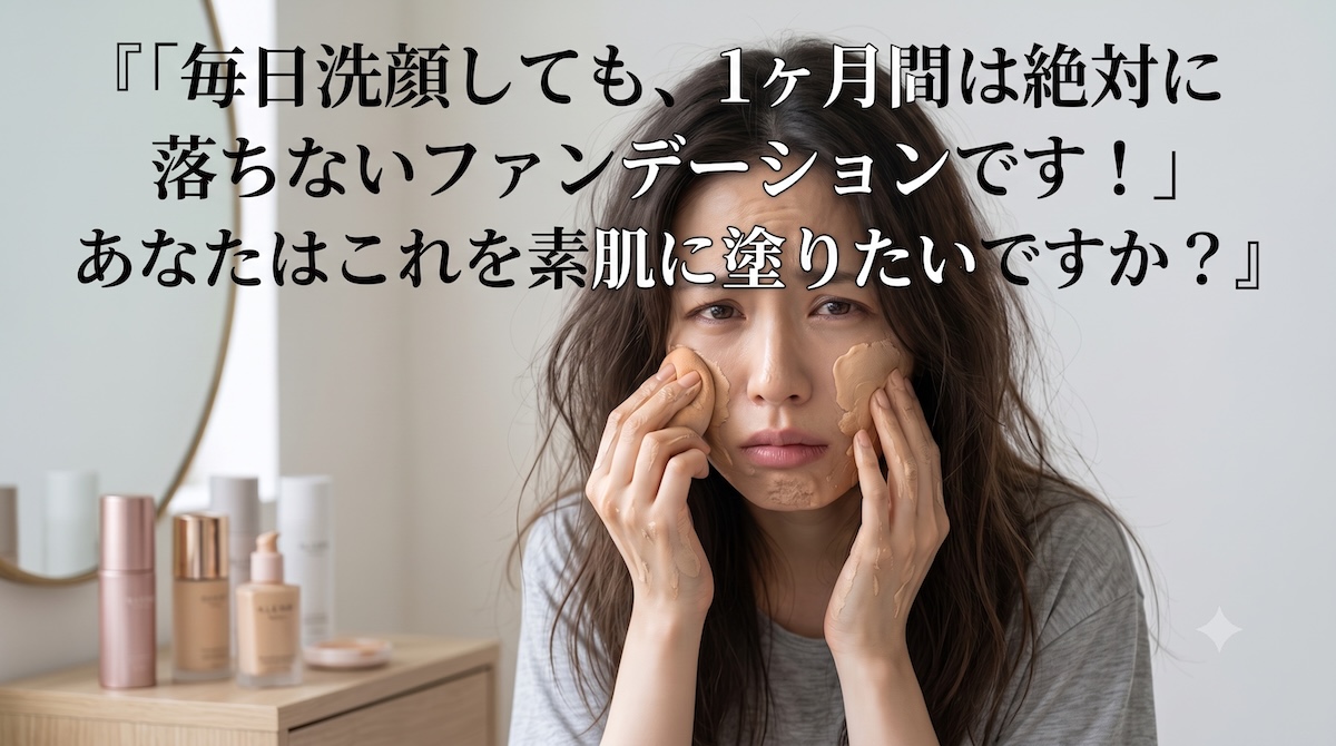 「毎日洗顔しても、1ヶ月間は絶対に落ちないファンデーションです!」あなたはこれを素肌に塗りたいですか?